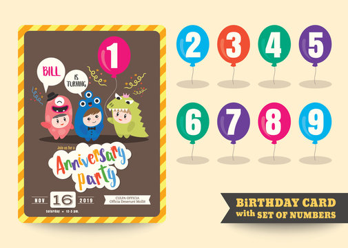 one year anniversary kids birthday celebration background with children cartoon in costume and numbers template