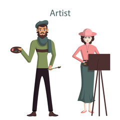 Isolated professional artists. Male and female artists or painters standing on white background. Easel with palette and paint brush.