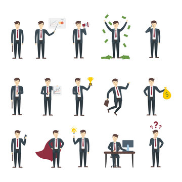 Isolated businessman set. Funny handsome businessman in suit in different poses on white background.
