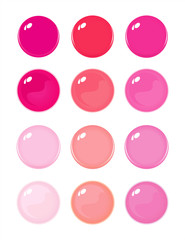 Illustration of icon bottons isolated on white. Set of Pink Red labels, 12 bottons. Graduation color. Collection Glass balls. Vector