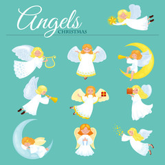 christmas holiday set of flying angel with wings and gifts box or stars, with moon like symbol in Christian religion or new year vector illustration