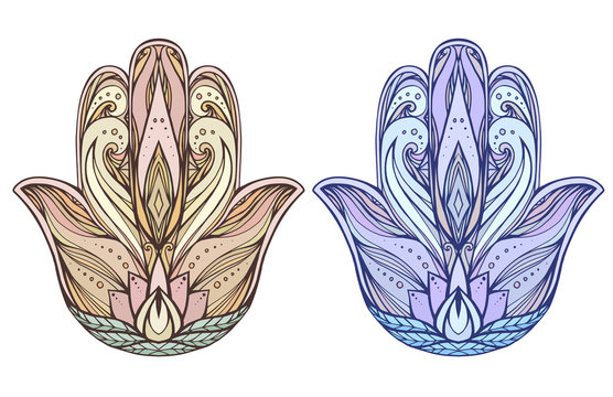 Set of colored Hamsa. Buddha Hands. Vector element for printing on T-shirts, tattoos and your creativity