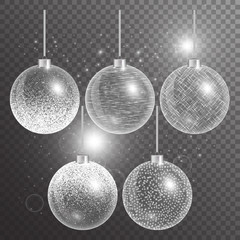 Christmas decoration ball. New year toy. Winter lights. Set of holiday elements. Vector illustration of a transparent backdrop.
