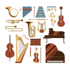 Musical instruments set. Violin and piano, drum and harp and others.