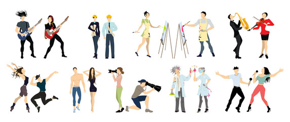 Fototapeta na wymiar Different professions set. Isolated cartoon characters on white background. All kinds of professional activities as teacher, doctor, firefighter and more.
