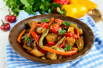 Vegetable stew (salad): bell pepper, eggplant, asparagus beans, garlic, carrot, leek. Bright spicy aromatic dishes. Menu of Italian cuisine.
