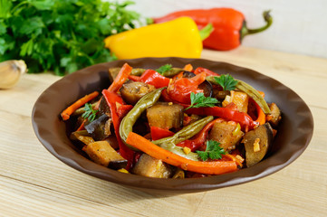 Vegetable stew (salad): bell pepper, eggplant, asparagus beans, garlic, carrot, leek. Bright spicy aromatic dishes. Menu of Italian cuisine.