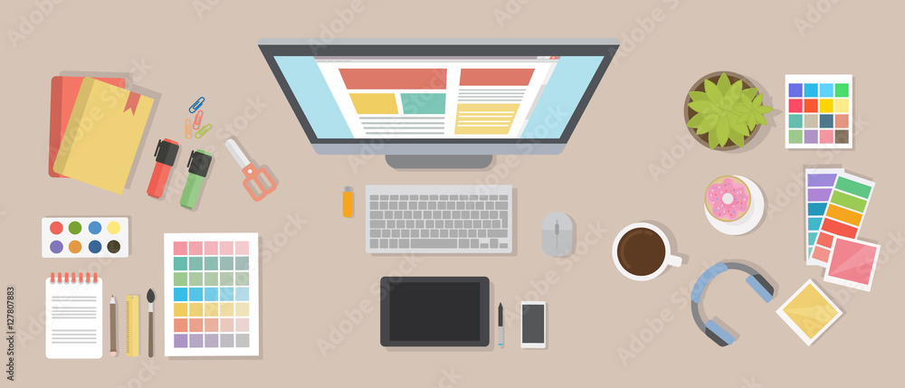 Poster web designer desk mockup. desk with computer screen, tablet and drawing tools.