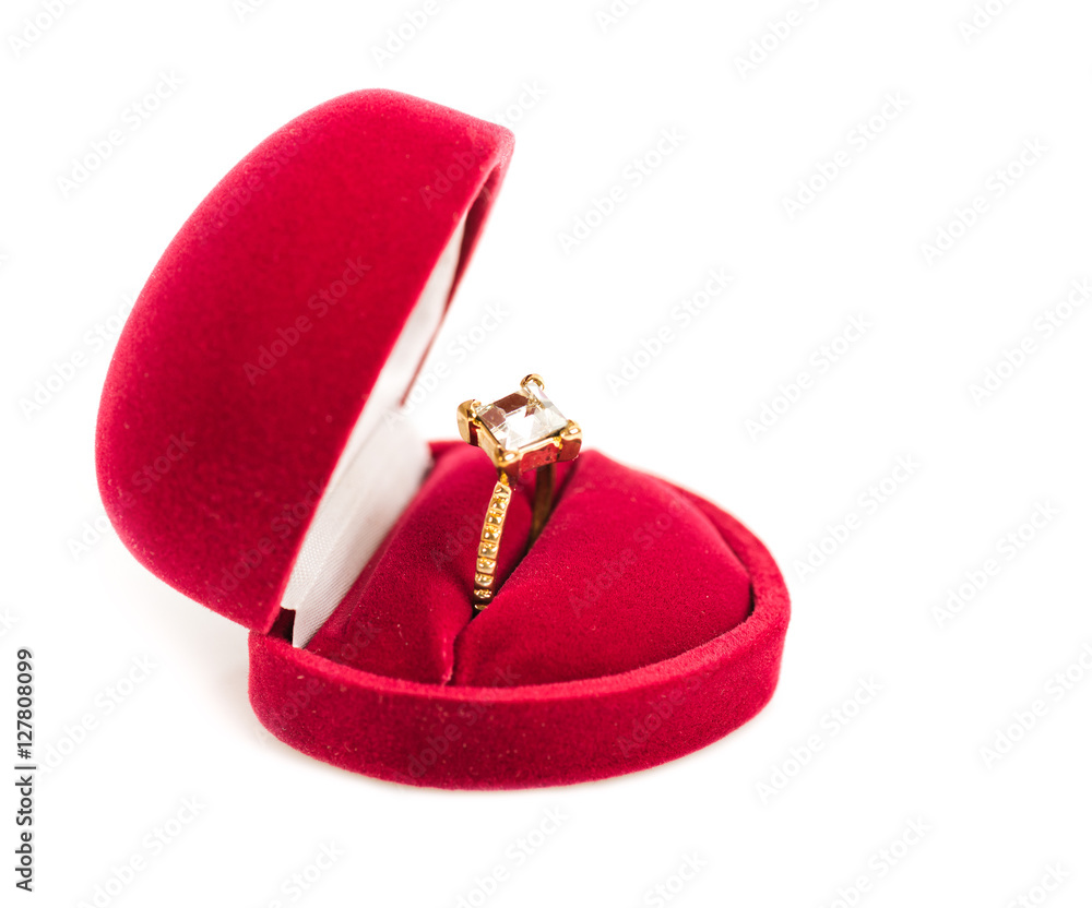 Poster wedding rings in a gift box on white background