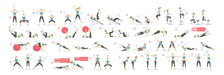 Wandcirkels tuinposter Workout girl set. Woman doing fitness and yoga exercises. Lunges and squats, plank and abc. Full body workout. © inspiring.team