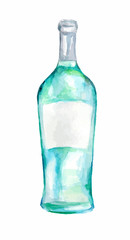 Watercolor alcohol bottle on white background