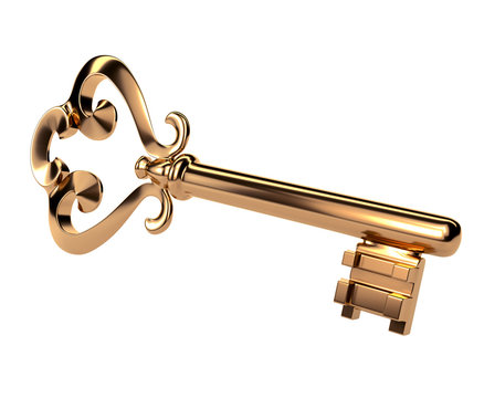 Abstract vintage retro golden key on a white background. 3D rend