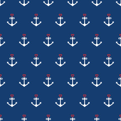 Nautical seamless pattern background with anchors and hearts