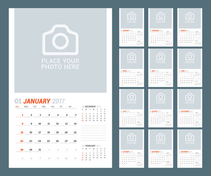 Calendar Template for 2017 Year. Vector Illustration. Week Starts on Sunday