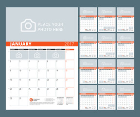 Calendar Template for 2017 Year. Vector Illustration. Week Starts on Monday