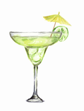 Isolated watercolor cocktail. Isolated glass with alcohol drink on white background. Umbrella and lime.