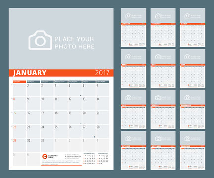Calendar Template for 2017 Year. Vector Illustration. Week Starts on Sunday