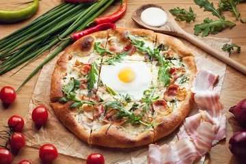 Papier Peint photo Lavable Pizzeria Fresh pizza with ingredients on wooden table