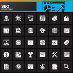 SEO, Search engine optimization vector icons set, modern solid symbol collection, filled pictogram pack isolated on black, logo illustration