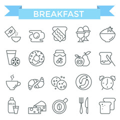 Breakfast icons, thin line, flat design