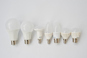 Set of row LED bulbs isolated on white background.