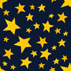 Watercolor seamless pattern with yellow stars on black. Night sky repeating background. 