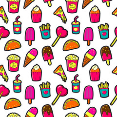 Seamless pattern with Fashion patches. Cute elements - pizza, lo