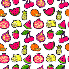 Seamless pattern with Fashion patches. Cute elements - fruit, le
