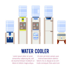 Vector flat illustration with water cooler and bottle. Modern te