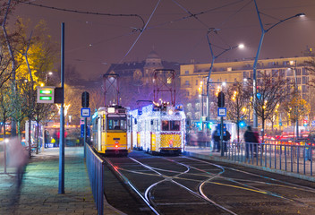 Fototapeta na wymiar Christmas Light On Old Tram At Train Central Station in Budapest