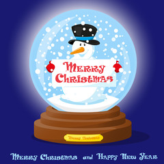 Cute glass Snow Globe with snowflakes, christmas tree and funny Snowman. Merry Christmas and Happy New Year souvenir. Cartoon style. Concept poster, banner, flyer or greeting card. Vector illustration