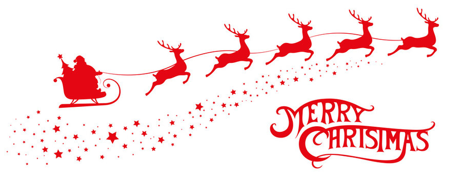 recommend clip art: Merry Christmas banner. Silhouette Santa Claus in sleigh with deers flying on stars background. Design elements for decoration holiday poster, flyer, greeting card. Cartoon style. Vector illustration
