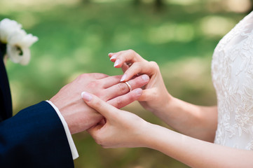 The bride and groom wear rings