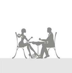 the icon of cute couple of man and woman sitting in a cafe. The icon of pleasant meeting and love atmosphere.
