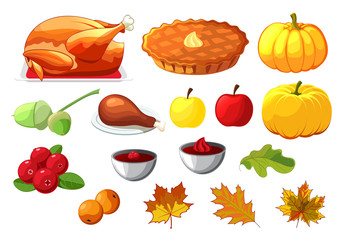 Set of element for Happy Thanksgiving Day on white background. Badge, icon, template an apple, cranberries, pumpkin pie, leaf, turkey, sous, rowan berry.