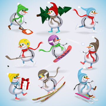 Set of nine funny snowmen. Snowmen skiing, boards, sleigh, ice skating, playing snowballs, preparing for the New Year holidays. Winter fun. Vector illustration.
