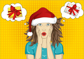 Wow. Girl in Santa Claus hat very surprised. Young woman. Vector