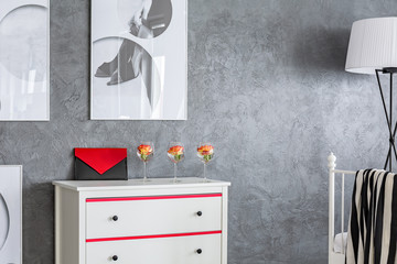 Grey apartment with white dresser