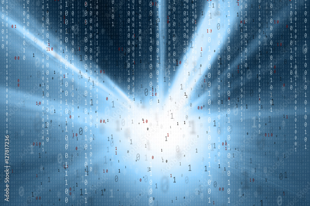 Poster binary numbers data travel on turquoise blue bright abstract blurred background. illustration with b