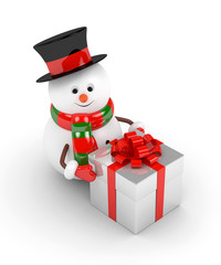 3d rendering of snowman with present over white