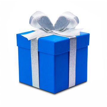 Geschenk in Blau mit silberner Schleife