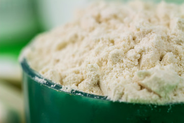 Protein powder in green plastic spoon, macro image.