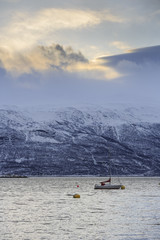Anchored yacht on Lyngenfjord in winter, Lyngseidet, Troms county, Norway