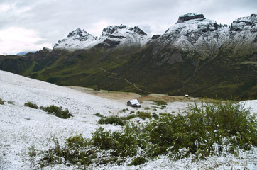 Passo Pordoi: first snow of the season on the Dolomiti mountains, Italy

