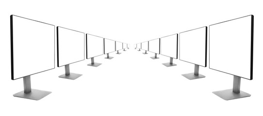 two rows of monitors receding into the distance