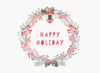 Hand drawn Happy Holiday Wreath on the white background.Festival motifs of berries,pine,pine cone,lamp for Christmas or New Year Card