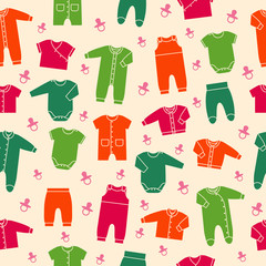 Seamless colorful pattern with newborn baby clothes on beige background. Collection cute clothing for children. Vector illustration.