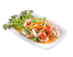 Seafood Salad with Shrimps and Squid Rings on white background