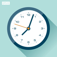 Clock icon in flat style, timer on color background. Vector design element