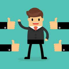 Happy Businessman with many hands thumbs up. feedback concept.